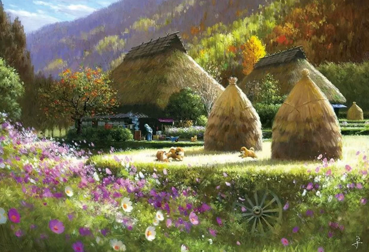 Clearance Beverly 31-535 Jigsaw Puzzle Traditional Japan & Puppies By Taku Nagaoka (1000 Pieces)
