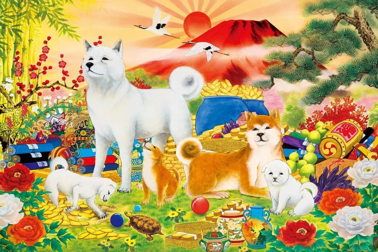 Epoch Jigsaw Puzzle 15-082 Japanese Zodiac Good Fortune Dogs (1500 S-Pieces)