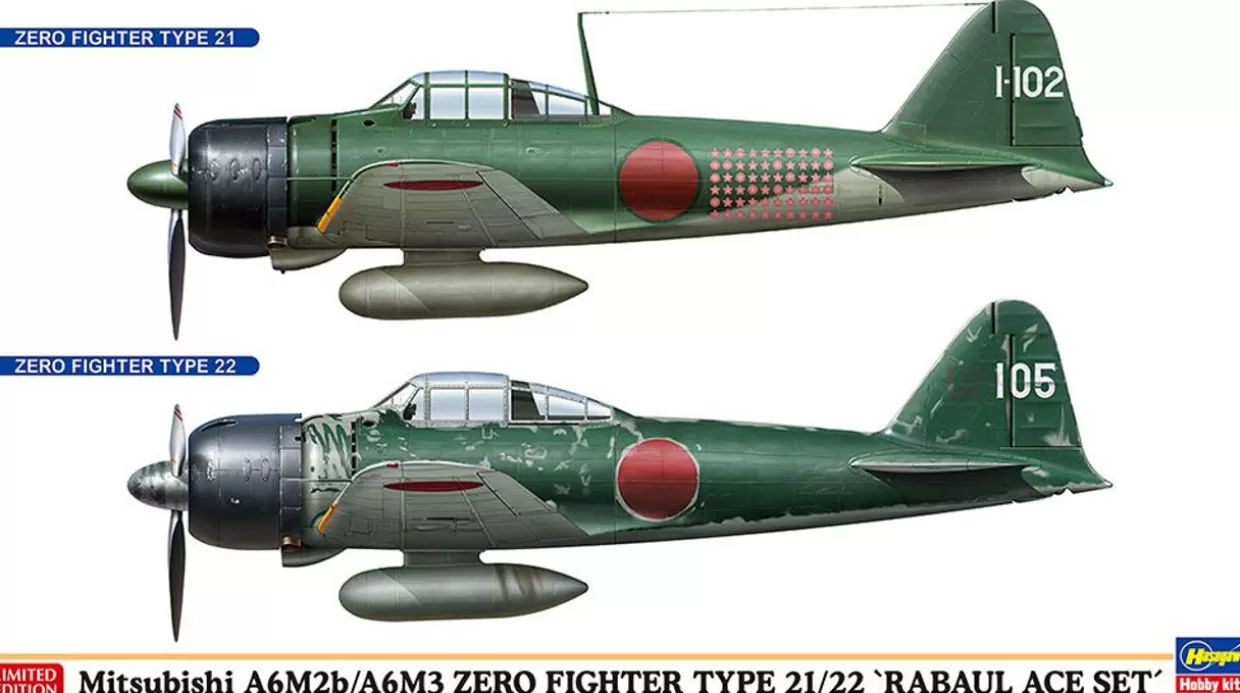 Hot Hasegawa 1/72 Mitsubishi A6M2B/A6M3 Zero Fighter Type 21/22 Rabaul Ace Set Plastic Model