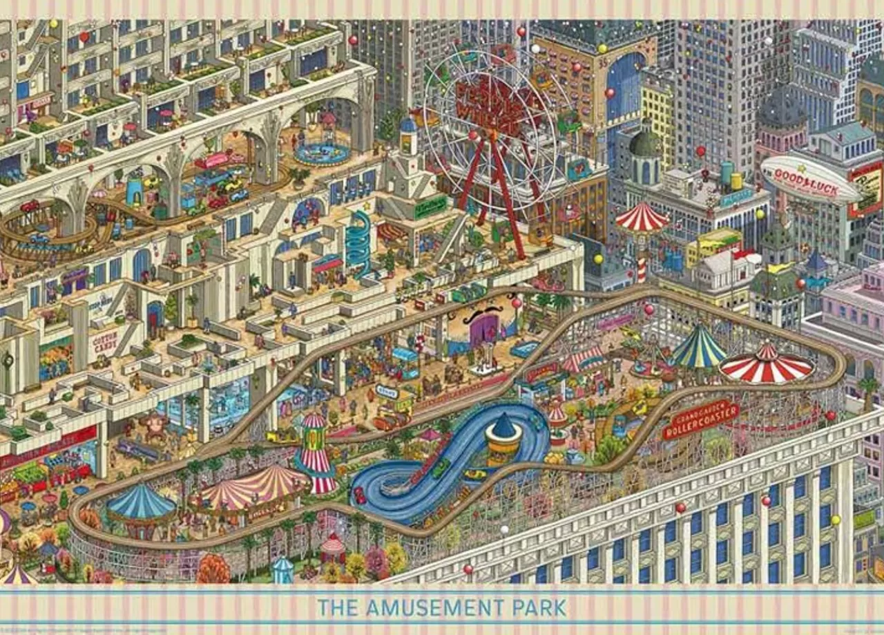 Yanoman 05-1074 Jigsaw Puzzle Hiro Kamigaki Illustration Amusement Park On The Building (500 Pieces)
